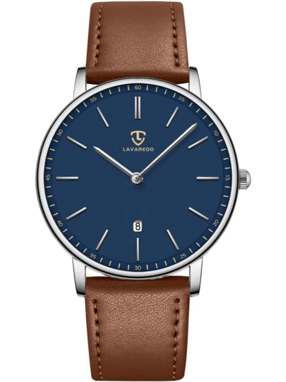 Men's Blue Dial Brown Leather Strap Analog Minimalist Fashion Simple Wrist Watch